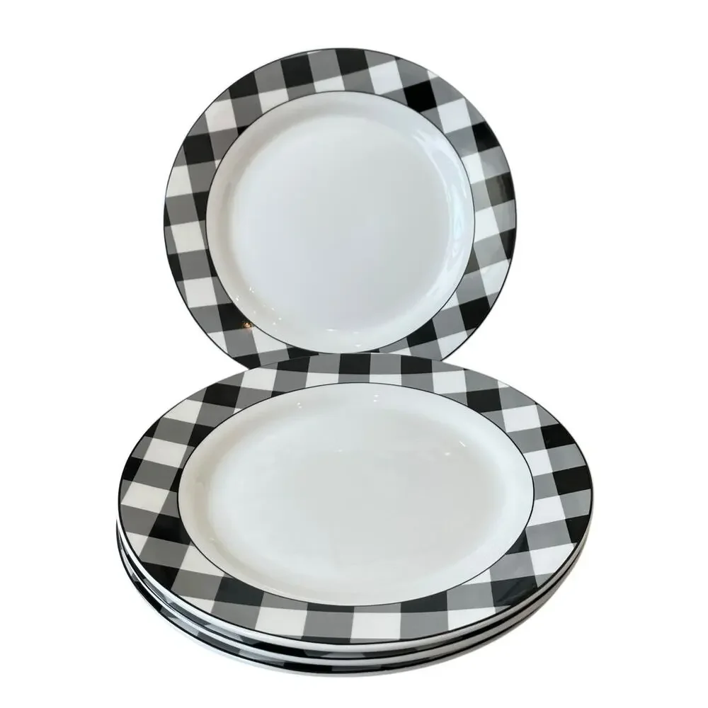 Godinger Black White Checkered Gingham Porcelain Dinner Plates 10.5